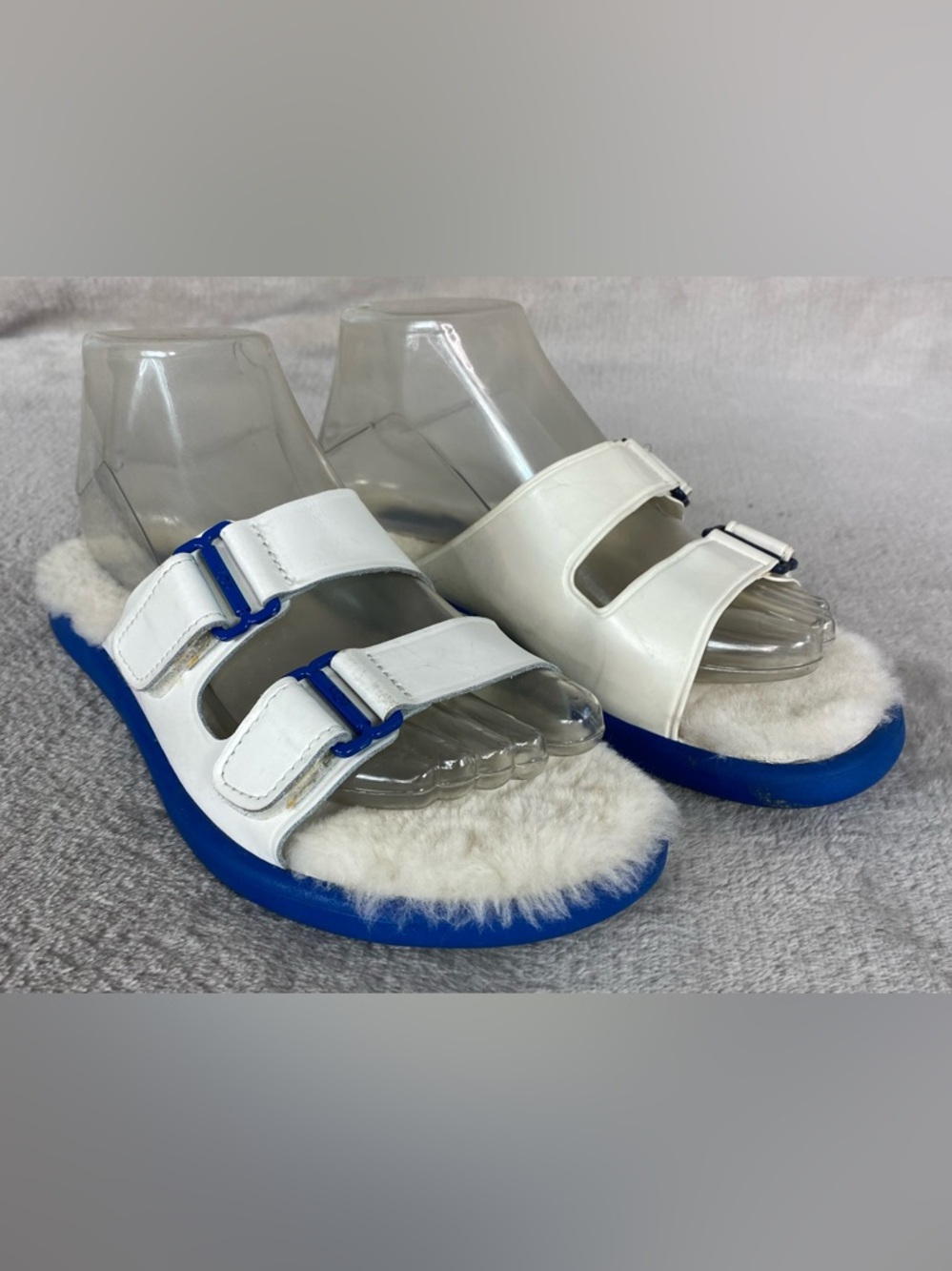 UGG Fluff Shearling Slide Sandals Womens 6 White Blue Slipper Comfort NEW - Picture 1 of 8